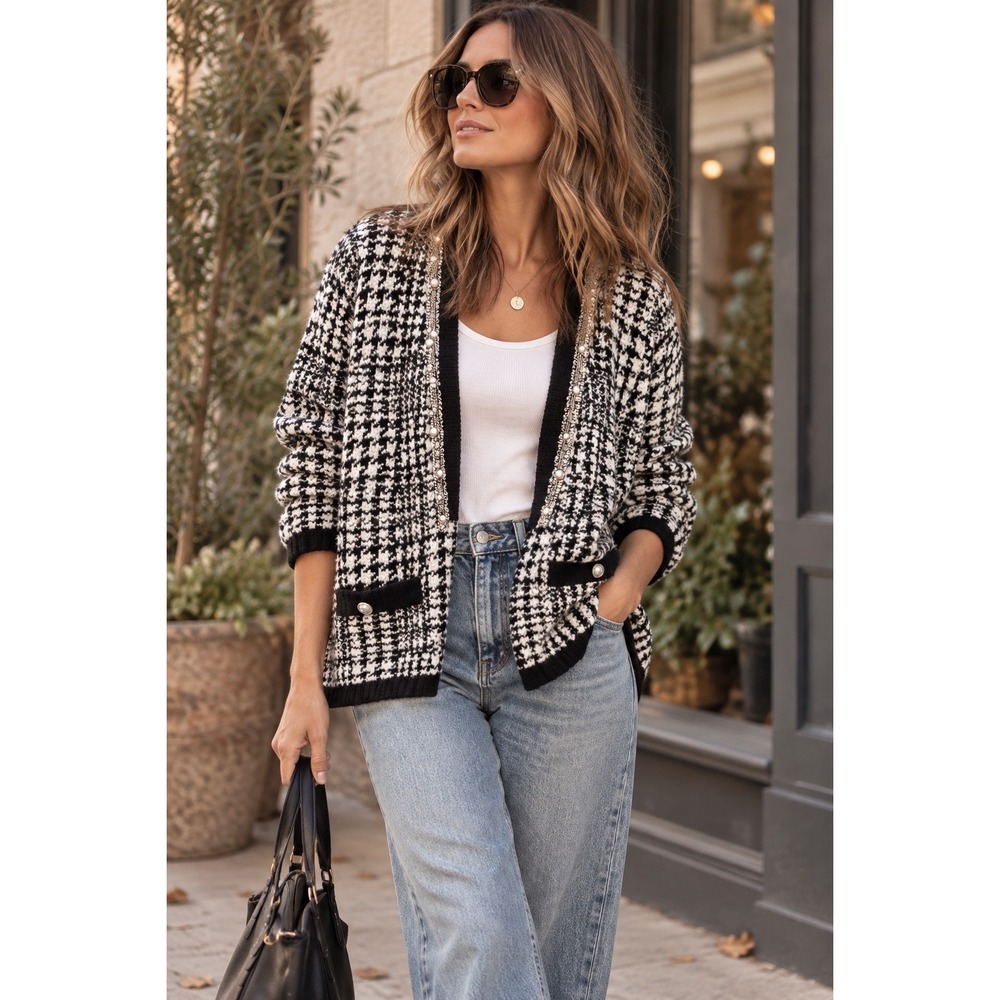 Chico's Houndstooth Pearl Cardigan Sweater M Black White Quiet Luxury Preppy